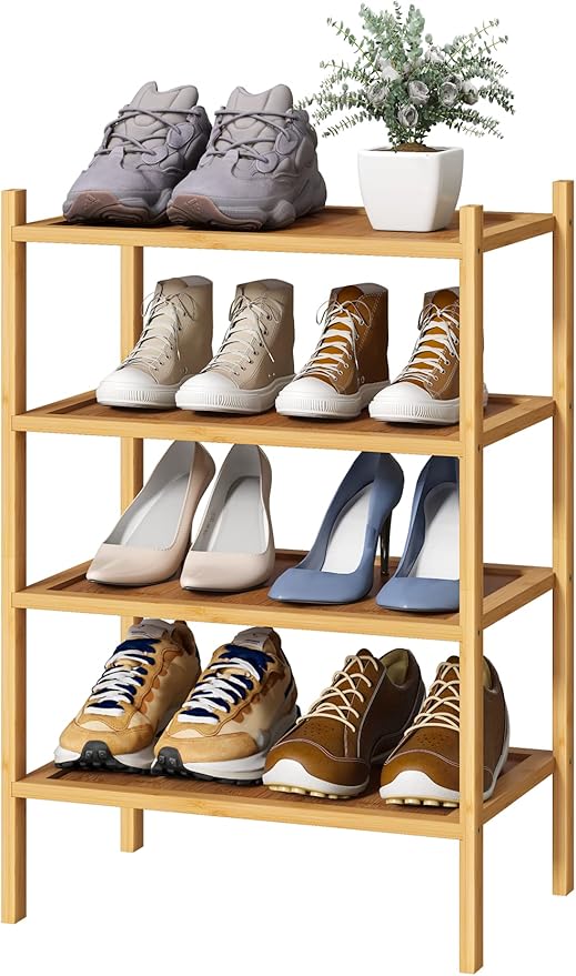 Small Shoe Rack, 4-Tier Bamboo Wood Shoe Rack for Entryway, Stackable Shoe Organizer for Hallway Closet, Free Standing Shoe Racks for Indoor & Outdoor