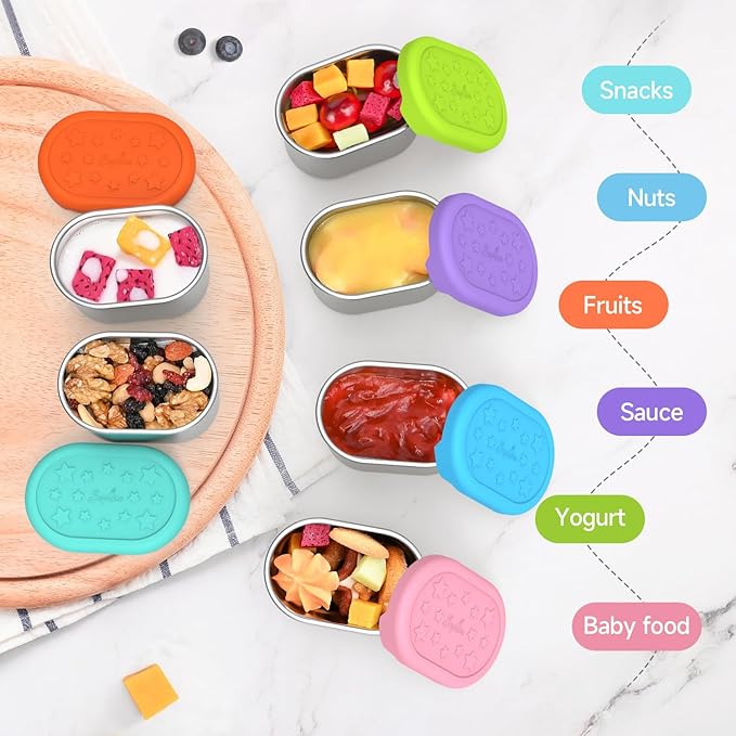 SOPHICO Stainless Steel Snack Containers for Kids, 3 oz Small Food Storage Container with Silicone Lid - Perfect 304 Metal Toddler Lunch Box for Daycare and School, Leak Proof (3oz, 6 PACK)