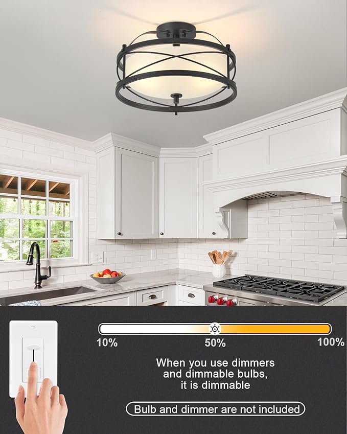 Entryway Drum Light Fixtures, Semi-Flush Mount Rustic Ceiling Light for Hallway Living Room Bedroom Kitchen (Black)