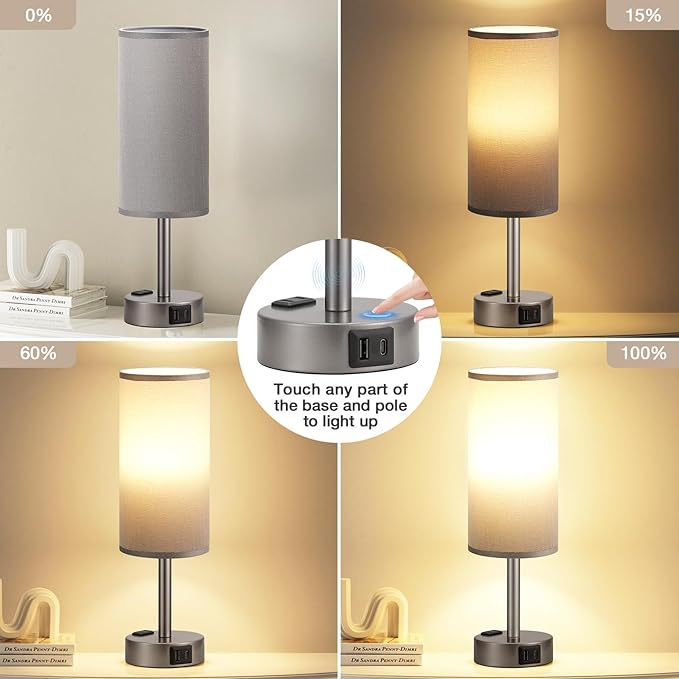 Grey Bedside Table Lamp for Bedroom - 3 Way Dimmable Touch Lamp USB C Charging Ports and AC Outlet, Small Lamp for Living Room, Desk, LED Bulb Included