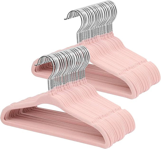 ManGotree 11" Baby Velvet Hangers, Non-Slip Infant Coat Hangers, Ultra-Thin Toddler Felt Hanger with 360° Swivel Hook, Space Saving Children's Hanger for Kids Clothes, 48 Pack (Light Pink)
