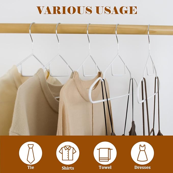 Clothes Hangers, 50Pack Black Metal Hangers with Tie Bar,Non-Slip Heavy Duty Hanger with Shoulder Notches for Dress and Camisole,15.7'W Shirt Hanger（White）