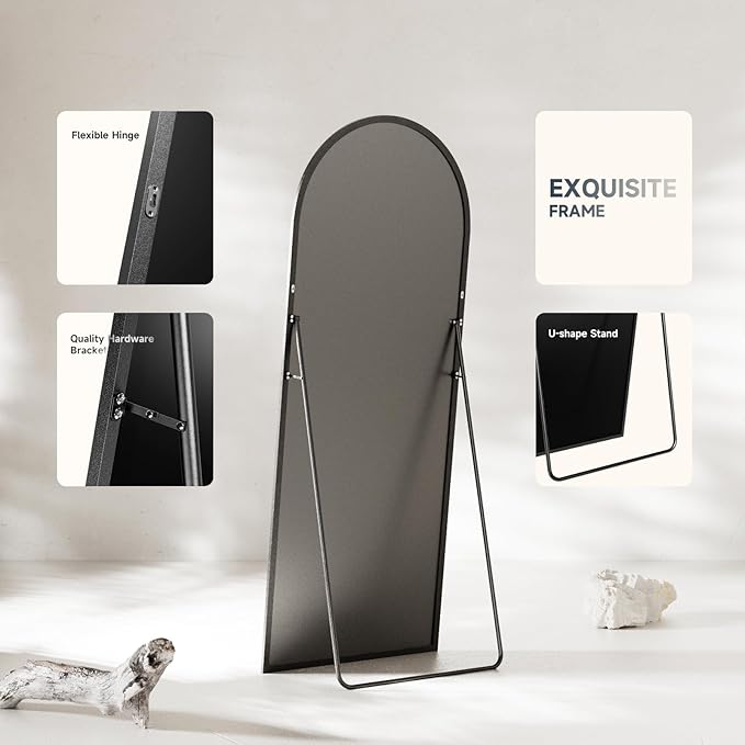 Arched Full Length Mirror 64"x21", Black Tempered Glass Wall Hanging Mounted Body Length Mirrors with Stand, Large Floor Aluminum Alloy Thin Frame