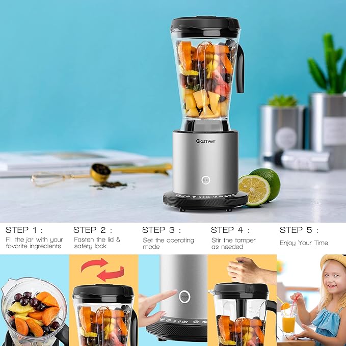 COSTWAY Professional 64oz Countertop Blender, Smoothie Maker Built-in Self-Cleaning with 10 Speed Control & 8 Pre-Set Programs, Pitcher, Crushing Blender for Smoothies, Frozen Fruit, 1500W