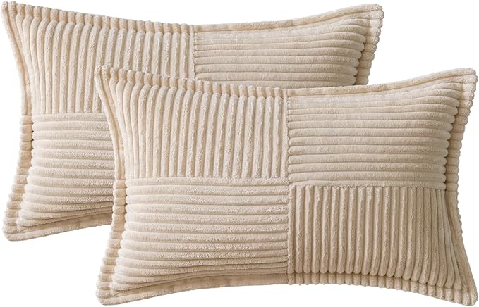 MIULEE Decorative Lumbar Throw Pillow Covers for Couch Bed Livingroom 12x24 Inch Set of 2 Beige Boho Accent Throw Pllows Broadside Striped Patchwork Soft Corduroy Pillowcases