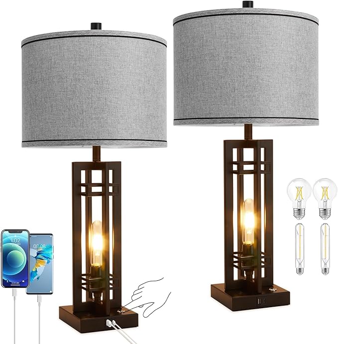 27" Touch Control Farmhouse Table Lamps, Set of 2 Tall Rustic Table Lamps 2-Light Design with USB A+C Ports, Bedside Lamps with Grey Shade for Living Room Home Office, 4 LED Bulbs Included