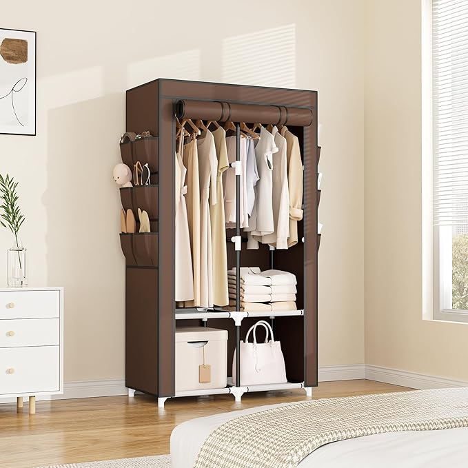 VTRIN Portable Closet Wardrobe for Hanging Clothes with 4 Storage Shelves, 2 Hanging Rods and 6 Pockets, Stable and Easy Assembly Clothes Rack with Cover Free Standing Closet, Brown