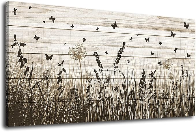 Wildflower Wall Art Autumn Canvas Picture Butterfly Grass Dandelion Artwork Vintage Wooden Board Painting Prints for Bedroom Living Room Office Home Kitchen Wall Decor Framed Ready to Hang 30" x 60"