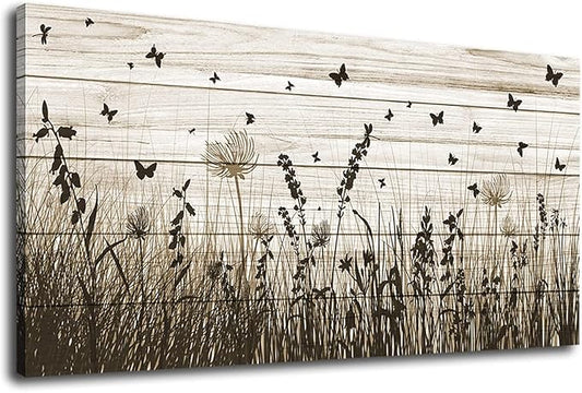 Wildflower Wall Art Autumn Canvas Picture Butterfly Grass Dandelion Artwork Vintage Wooden Board Painting Prints for Bedroom Living Room Office Home Kitchen Wall Decor Framed Ready to Hang 24" x 48"
