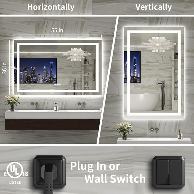 LED Mirror for Bathroom, 55x36 Inch Backlit + Front Lighted Bathroom Vanity Mirror with Lights, Double Light Strips, 3 Colors, Shatter-Proof, Anti-Fog and Brightness Memory