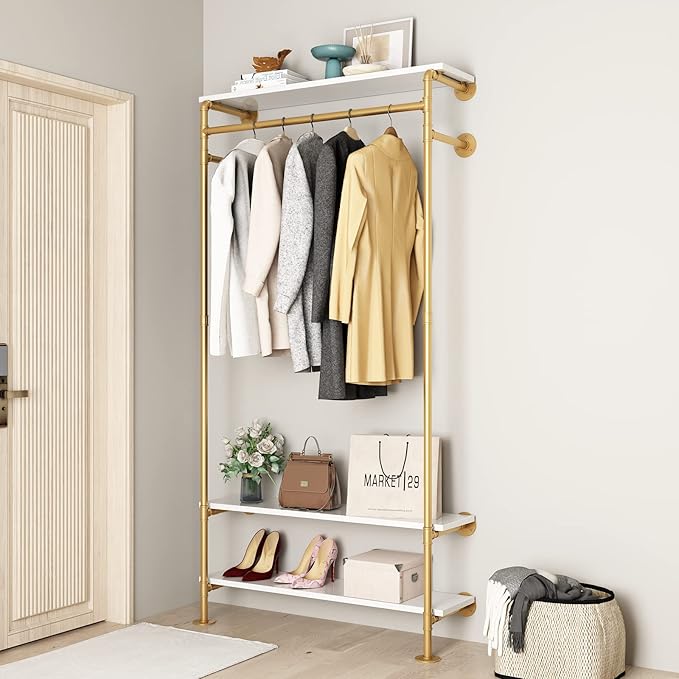 Gold Wall Clothing Racks with White Shelves, Wall Mounted Gold Clothes Rack for Hanging Rods，Heavy Duty Industrial Pipe Clothing Racks With Shelves Retail Display Garment Rack for Home