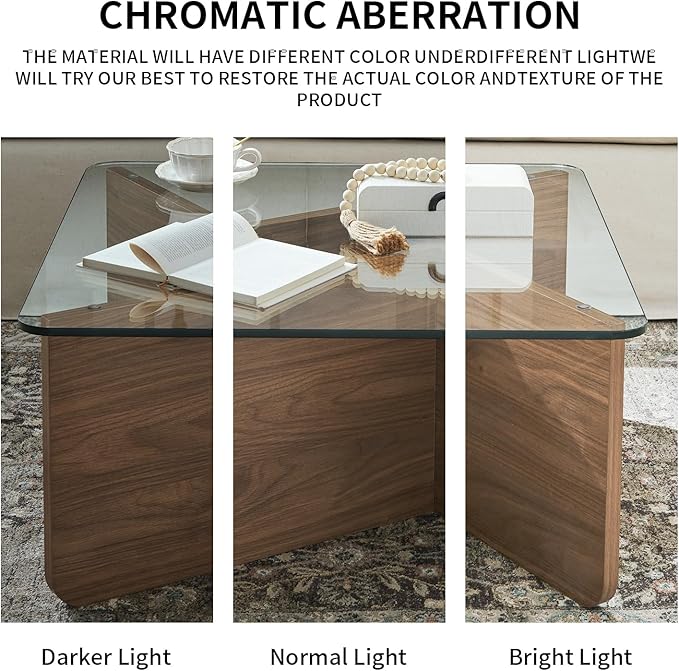 31.5" Glass Coffee Table, MDF Mid-Century Modern Square Coffee Table with Tempered Glass Top, Square Center Tables for Small Space Living Room Office Apartment, Walnut