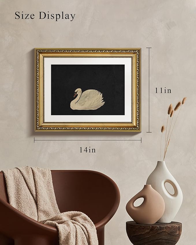 VIYYIEA Gold Framed Wall Art Canvas Print Home Decor Vintage Swan Decoration Grace Swan Art Painting Pictures Rustic Bathroom Wall Decor Animal Farmhouse Artwork for Living Room Bedroom Office 11x14in