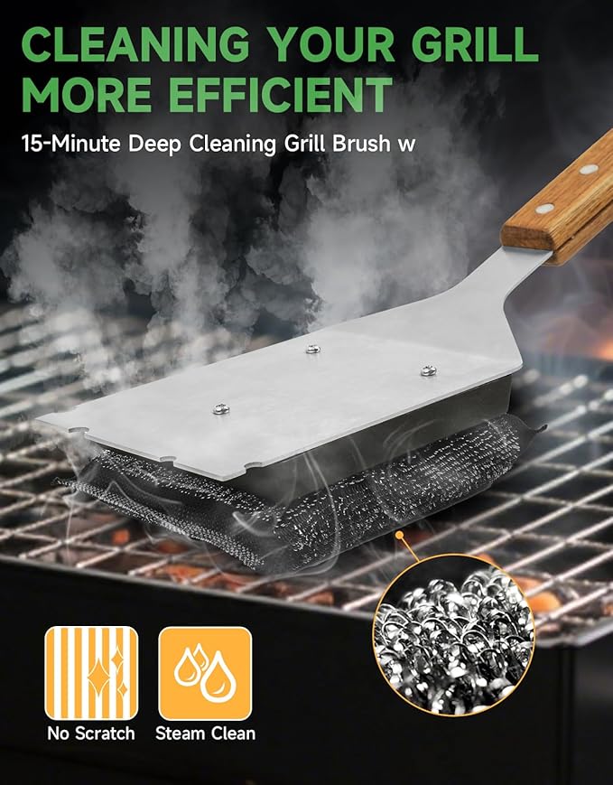 Grill Brush Cleaning BBQ Outdoor: GEEKHOM Bristle-Free Steel Fibers Scraper for Any Grill/Flat Top Griddles - with 1 Replaceable Head - Perfect for Safe & Efficient Grilling