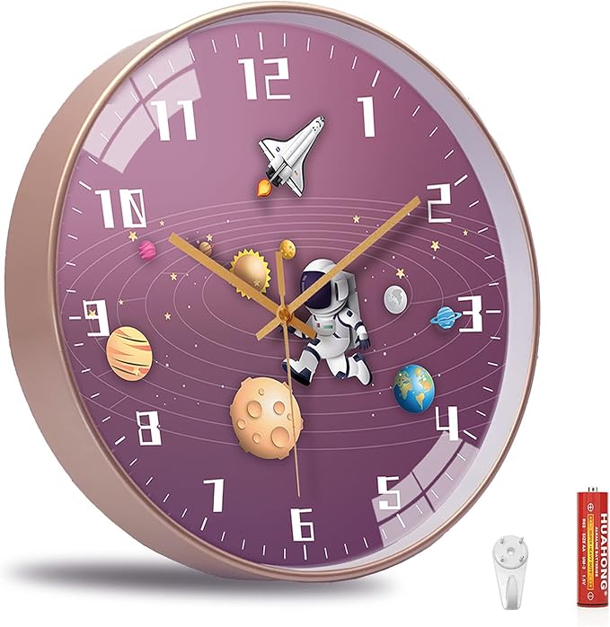 12 Inch Silent Movement Kids Wall Clock, Non Ticking Children Round Wall Clock Battery Operated Space Travel Style Decor Children Clock for Home School Girls Bedroom Living Room (Pink)