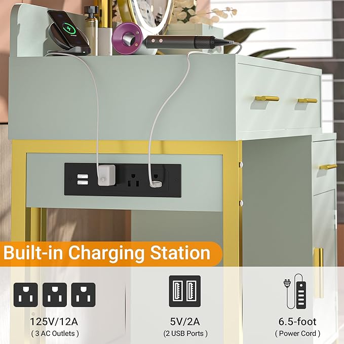 Vanity Desk with 4 Storage Drawers - Modern Makeup Vanity Table with Charging Station, Cyan Vanity Desk with Reversible Cabinet Dressing Table Set with Divided Organizers for Women Girls, Cyan & Gold