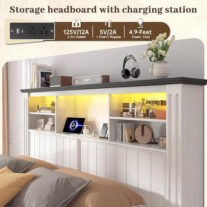 EnHomee Queen Bed Frame with Headboard, Bed Frame Queen Size with 4 Storage Drawers, Queen Bed with LED Lights & Charging Ports,No Box Spring Needed,NO Noise,Wooden, White