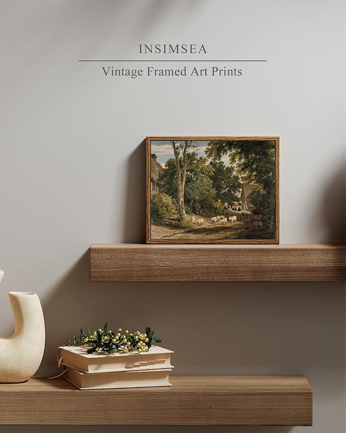 InSimSea Framed Canvas Wall Art Vintage Decor, Room Decor Classical Countryside Landscape Watercolor Painting Canvas Prints Wall Art for Living Room Badroom Farmhouse Bathroom Decor, 8"x10"