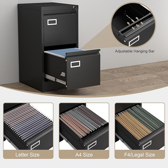 2 Drawer File Cabinet with Lock, Black Metal File Cabinets for Home Office, Under Desk Small Filing Cabinet, Vertical File Cabinet for A4/F4/Letter/Legal