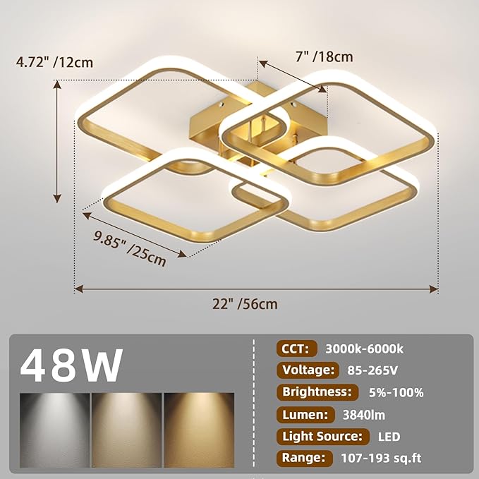 CANEOE Gold, Modern 4-Squares LED Ceiling Light Fixture, Dimmable, Remote Control, Square Flush Mount, Kitchen/Bedroom/Living Room Indoor Lighting, 23x23x5 inches, 48W, 3000K-6500K, 3840 Lumen