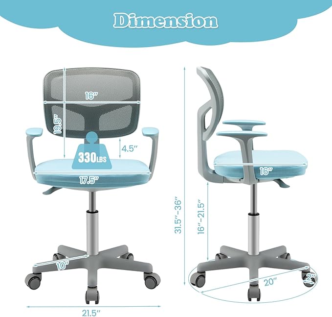 Giantex Kids Desk Chair, Height Adjustable Children Swivel Computer Chair with Y-Shaped Lumbar Support & Universal Casters, Mesh Kids Task Chair for Study, Boys Girls Aged 4-13, Blue
