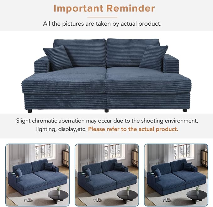 Merax 86.5" W*62" L Oversized Sleeper Sofa Bed, Corduroy Upholstery Sectional Couch Loveseat Chaise Lounge with 2 Throw Pillows, USB Ports, Cup Holders for Living Room and Bedroom, Blue
