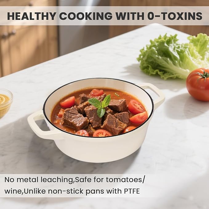 Hisencn Stackable Enamel Cookware Set, 5-Piece – 5.2QT Pot with Lid, 10-in Skillet, 4QT Frying Pan with Universal Glass Lid, Space-Saving Design, Oven and Stovetop Safe (Up to 500°F), Cream White