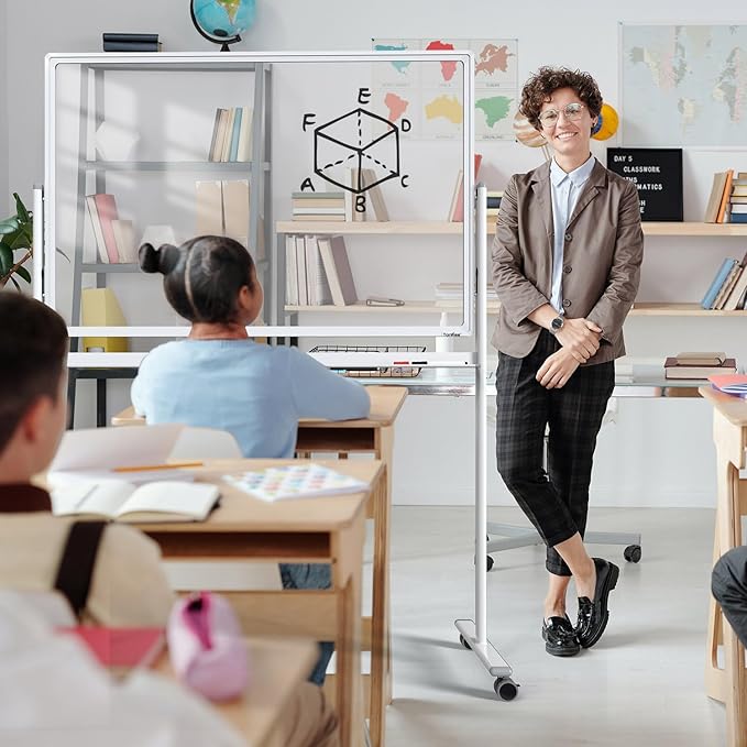 Mobile Clear Glass Whiteboard, 48 x 32 Inches Standing White Board on Wheels, Large Rolling Dry Erase Board with Stand, Transparent Tempered Glass Board for Office Home School, with Chart Paper