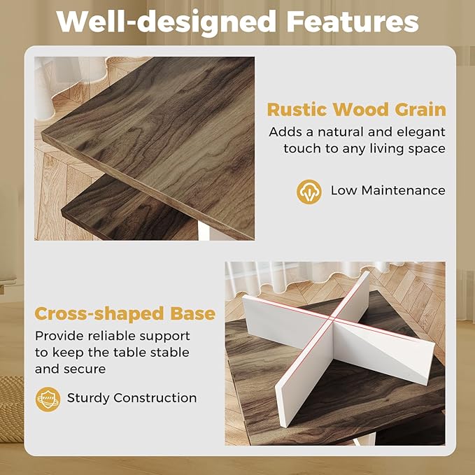 GOFLAME Farmhouse Coffee Table with Storage, 2-Tier Square Center Table with 4 Storage Compartments & Cross-Shape Base, Modern, Wood Tea Tables for Living Room, Lounge, Walnut + White