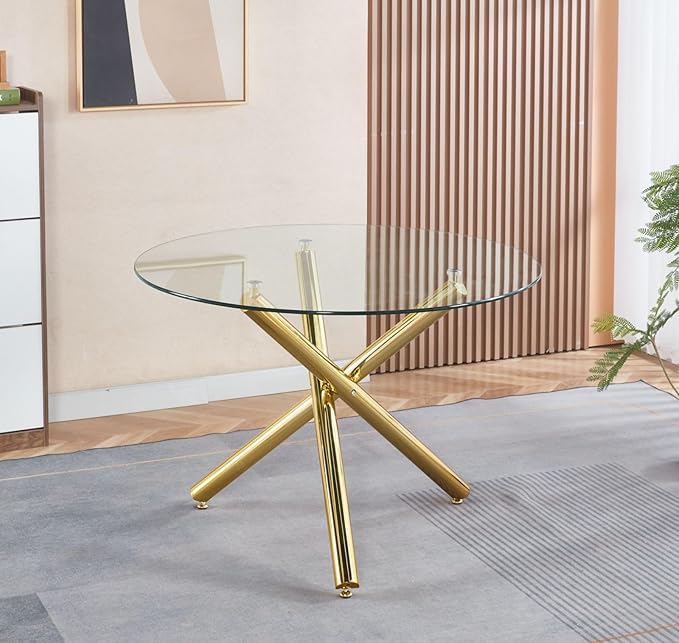 Round Glass Dining Table,Glass Dining Room Table with Tempered Glass Tabletop and Metal Legs, Modern Style Glass Kitchen Table for Home, Kitchen, Dining Room