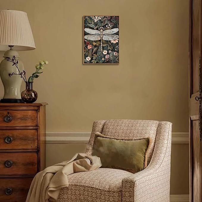 Djmwtb Vintage Framed Wall Art Dragonfly Canvas Wall Art Prints Green Botanical Painting Boho Nature Flower Pictures Artwork for Living Room Bedroom Bathroom Office 12x16in