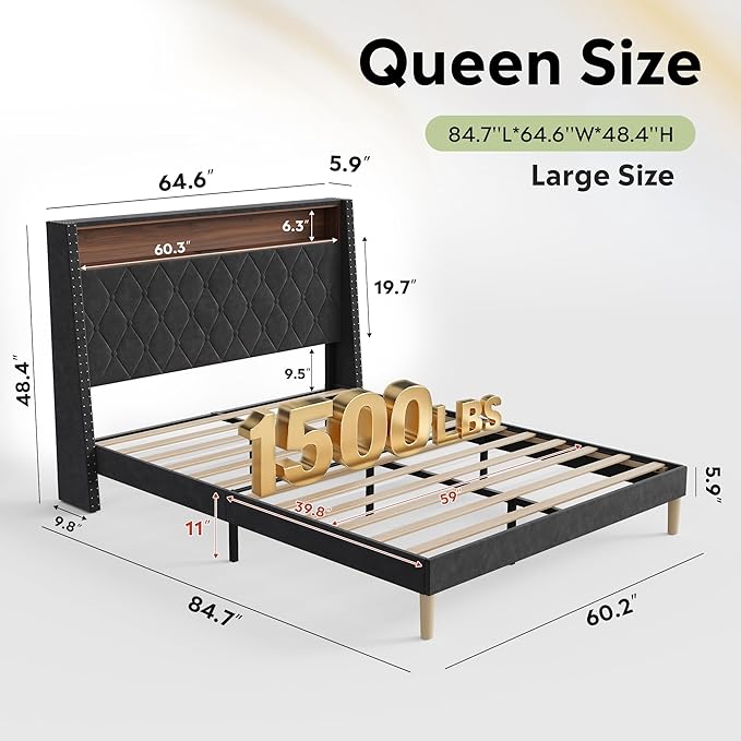 WLIVE Queen Size Upholstered Bed Frame with Storage Headboard, Velvet Square Tufted Platform Bed with Charging Station, Sturdy Metal & Wooden Slats Support, No Box Spring Needed, Black