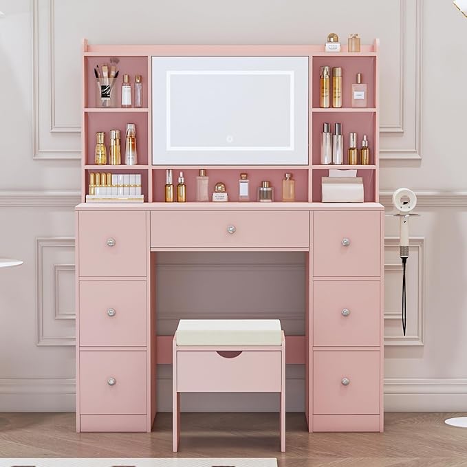 Vanity Desk with Mirror & LED Lights, Built-in Power Outlet, Dimmable LED Lighting, 7 Drawers & 7 Storage Compartments, Includes Padded Stool – Ideal Table for Bedroom Dressing Room (Pink)