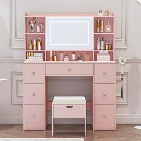 Vanity Desk with Mirror & LED Lights, Built-in Power Outlet, Dimmable LED Lighting, 7 Drawers & 7 Storage Compartments, Includes Padded Stool – Ideal Table for Bedroom Dressing Room (Pink)