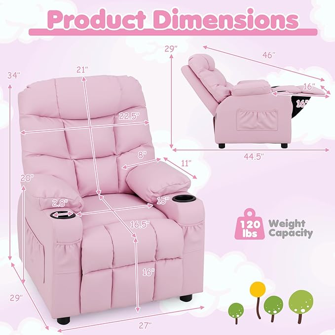 GLACER Kids Recliner Chair w/Cup Holder & Side Pockets, Children Recliner w/Comfortable Backrest, Armrests & Footrest, Toddler PU Leather Recliner for Boys Girls, 3+ Age Group (Pink)
