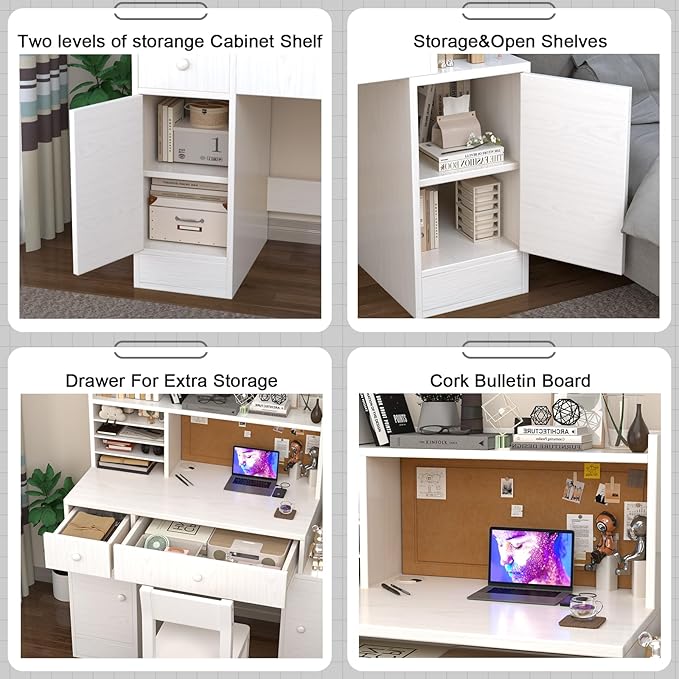 Wooden Kids Desk and Chair Set, 2 Drawers and 4 Storage Cabinets, Children Study Desk with Hutch and Shelves, Boys & Girls Study Desks for Kids Bedroom (White)