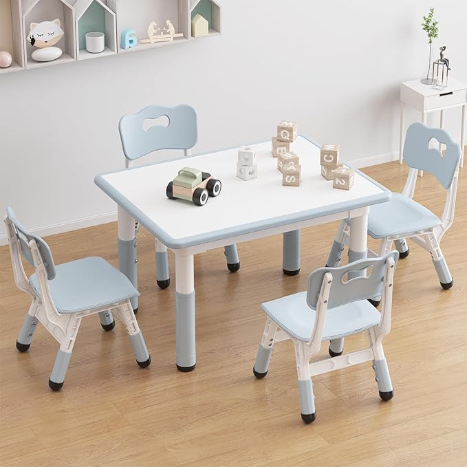 GAOMON Kids Table and 4 Chairs Set, Height Adjustable Toddler Table and Chairs Set for Ages 2-10, Graffiti Desktop, Non-Slip Legs, Child Table for Daycare Classroom Home