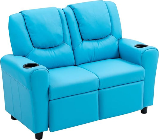 AVAWING Toddler Recliner, Double Children Couch with Cup Holder, PU Leather Kids Sofa, Kids Loveseat w/Adjustable Footrest & Headrest for Boys and Girls 3+ Age Group, Blue