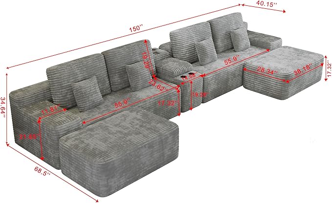 KEIKI 150" U-Shaped Oversized Corduroy Modular Sectional Sofa with 2 Ottomans and Multi Functional Console, 6-Seater Upholstered Couch with USB and 2 Cup Holder, Easy Assembly, for Living Room, Grey