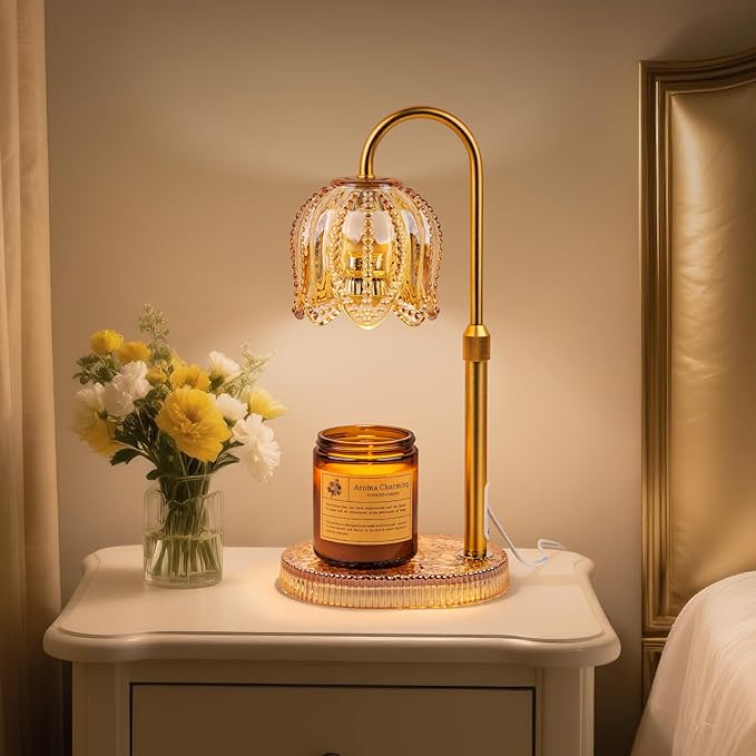 Petal Candle Warmer Lamp with Timer & Dimmable Light Champagne Gold - Adjustable Height Jar Melter on Crystal Glass Base, Home Decor Gift Set (Includes 2 Bulbs)