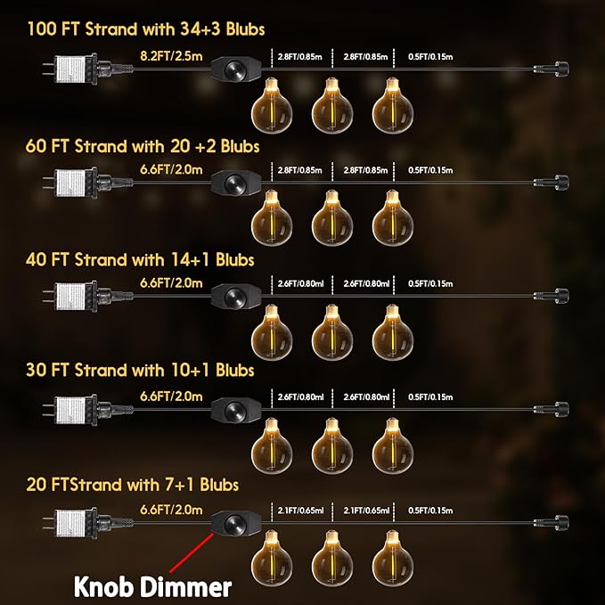 Outdoor String Lights 60ft LED Hanging Globe Patio Lights with G40 Shatterproof Bulbs(20+2 Bulbs), Waterproof Connectable Hanging Light for Indoor Outdoor Decor Garden Camping Backyard Porch