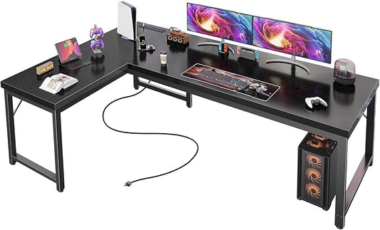 Huuger 63 Inch L Shaped Desk with Power Outlets and USB-C Port, Reversible Computer Desk, Larger Office Corner Gaming Desk, 0.95 Inch Thicker Desktop, Metal Frame, for Home Office, Study, Black