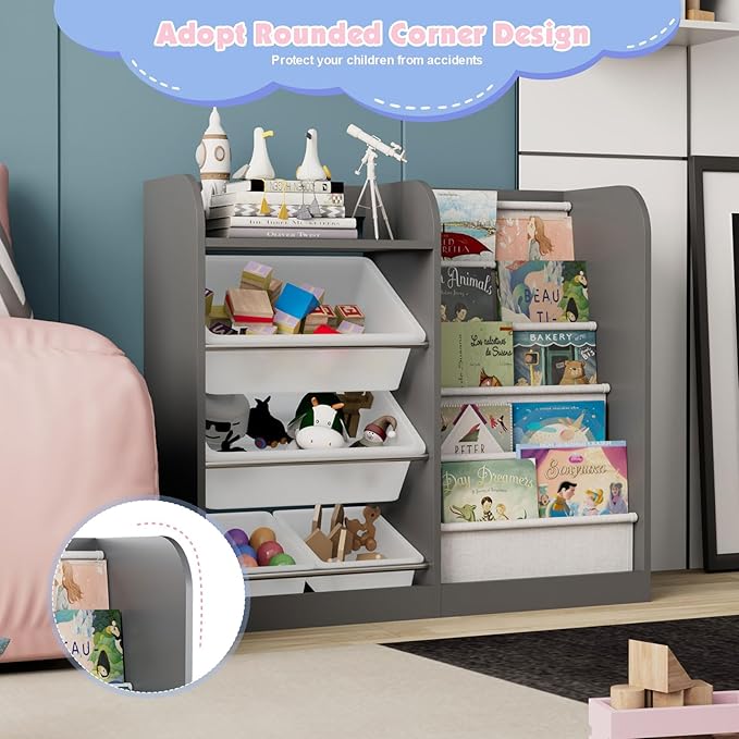 Grey Kids Wood Bookshelf Toy Storage Box Organizer Shelf W/4 Removable Plastic Toy Bins Children Bookcase Toddler Baby Sling Book Rack Cabinet Chest Girl Boy Gift Playroom Classroom Bedroom Nursery