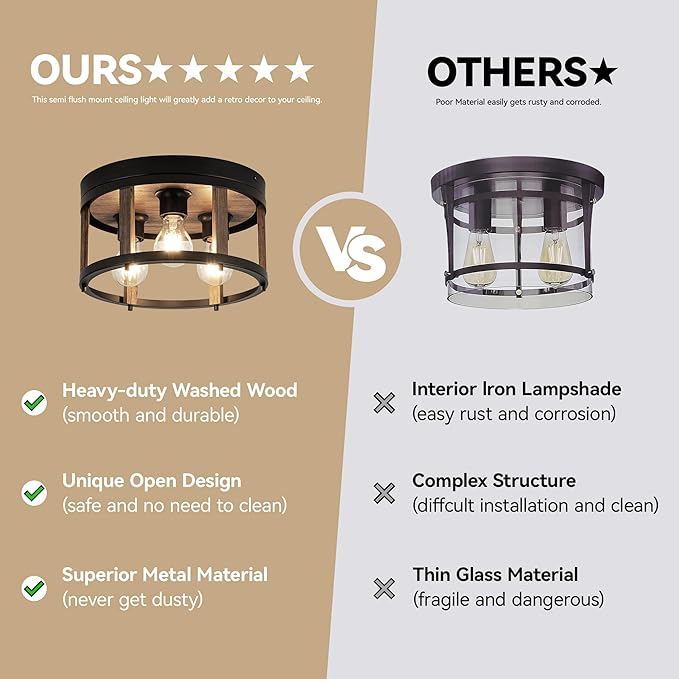 MAYNA 3-Light Retro Farmhouse Flush Mount Round Vintage Metal and Wood Ceiling Light Fixtures, Rustic Ceiling Lamp for Kitchen, Hallway, Entryway, Bedroom, Dining Room