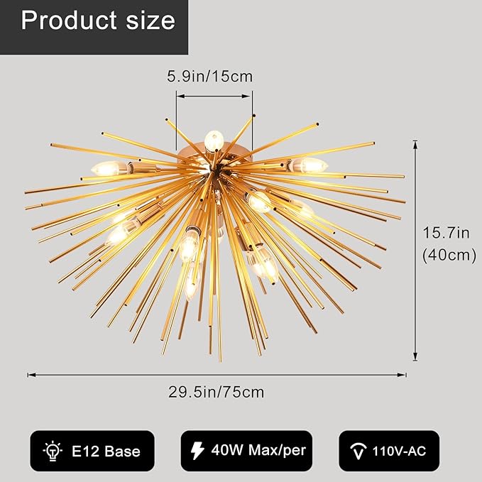 Jaycomey Sputnik Ceiling Light Fixtures, Mid-Century 12 Lights Gold Firework Ceiling Light, Modern Semi Flush Mount Ceiling Lamp for Bedroom Living Dining Room, E12, Dia 29.5 Inch