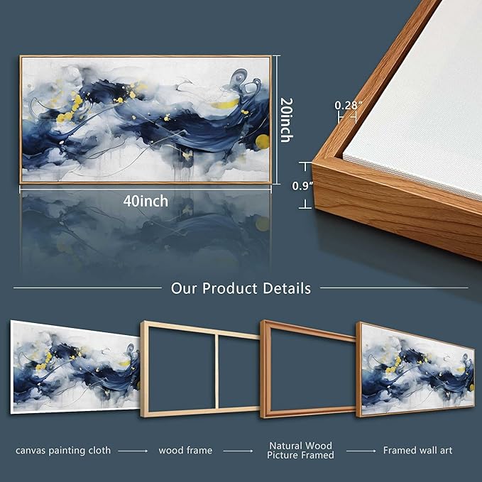 hyidecorart Wood Framed Canvas Art Prints Wall Art For Living Room Large Size Wall Decor For Office Bedroom Wall Decorations Pictures Artwork Blue Abstract Ink Paintings Ready To Hang Home Decor
