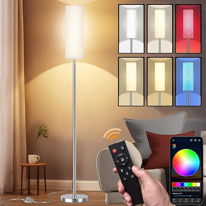 Smart LED Floor Lamp with APP Control & RGB Colors - Dimmable Standing Lamp for Living Room, Bedroom, Gaming - Remote, Timer, 9W Bulb Included, 67" Modern Tall Lamp (Silvery)