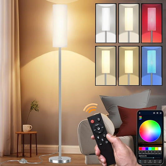 Smart LED Floor Lamp with APP Control & RGB Colors - Dimmable Standing Lamp for Living Room, Bedroom, Gaming - Remote, Timer, 9W Bulb Included, 67" Modern Tall Lamp (Silvery)