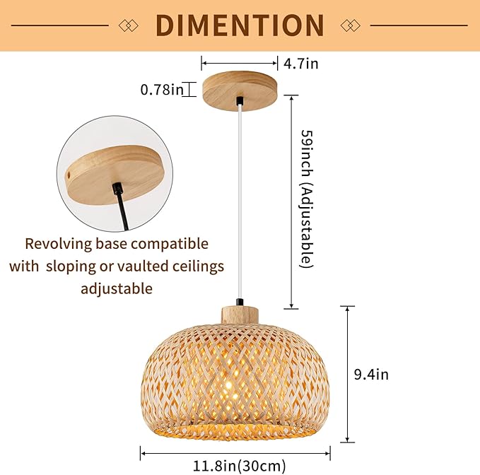 Bamboo Pendant Light, 11.8inch Hand-Woven Natural Wicker Rattan Bamboo Lamp, Beige Boho Hanging Chandelier, Rustic Island Dining Ceiling Light for Living Room, Kitchen, Farmhouse, Bedroom