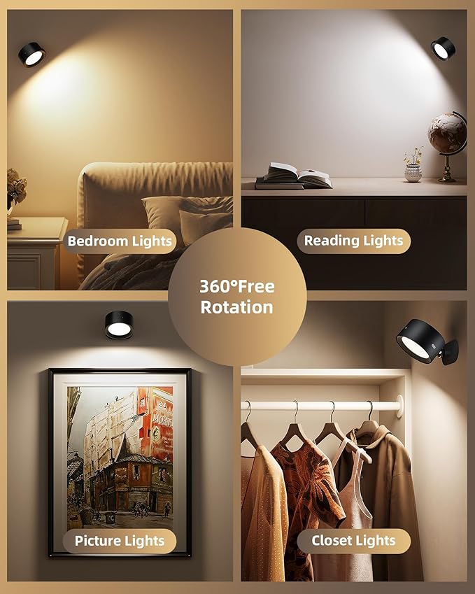 LED Wall Mounted Lights, Rechargeable Wall Sconces Lamp, 3 Color Temps & Remote and Touch, 360°Rotation Dimmable Cordless Wall Light for Study Bedroom Reading Bedside(Black, 2 Pack)